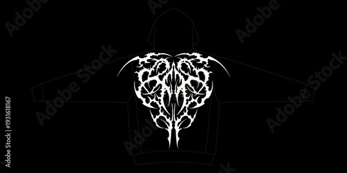 Trendy vector abstract symmetrical cyber-sigil graphic on a black hoodie back view. Sharp neo-tribal thorn design, gothic spikes, and edgy streetwear aesthetic, isolated on black background