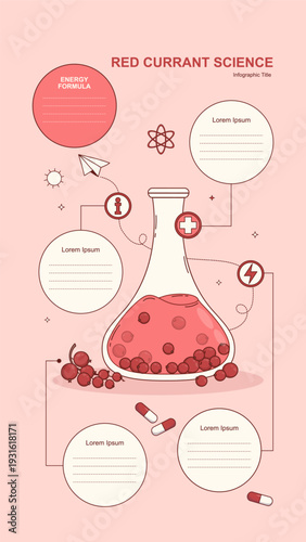 Red Currant Energy Infographic Template. Natural Pharmacy, Medicine Vertical Layout Banner. Organic Extract in Lab Flask with text blocks and symbol. Eco Ingredient. Minimalistic Vector Illustration