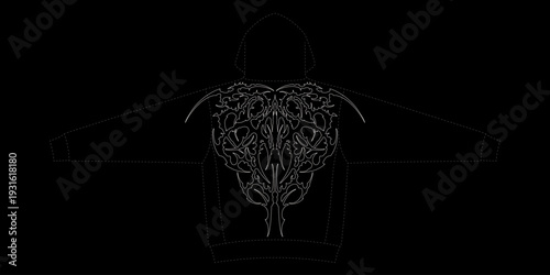 Intricate symmetrical cyber sigilism graphic with sharp thorns and neo-tribal patterns. Detailed white line art in gothic streetwear style, featuring dark fantasy spikes and abstract ornaments
