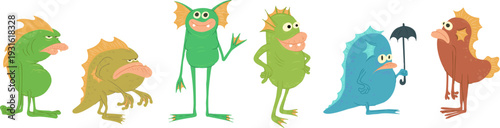 Vibrant and whimsical collection of colorful swamp creatures in playful, textured style. Set features diverse lagoon monsters, including blue beast with an umbrella and various fish like characters in