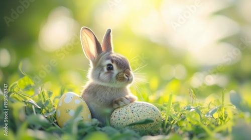 Cute Rabbit Sits Near Colorful Eggs in a Grassy Field During Springtime