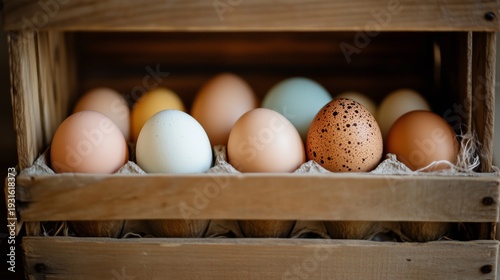 Two Eggs With Smiling Faces Rest Together in a Wooden Box Filled With Straw