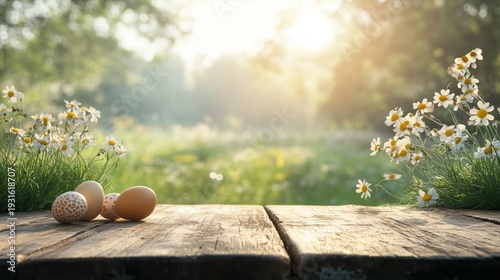 Sunlight Shines on Wooden Table With Eggs and Flowers in a Garden Setting Dur...