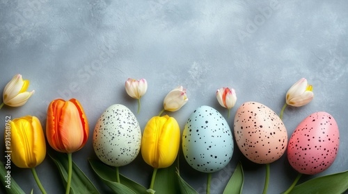 Colorful Tulips and Decorated Eggs Arranged on a Gray Background for Spring C...
