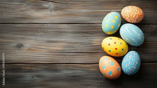 Colorful Easter Eggs Arranged on Wooden Table for Spring Celebration and Holi...