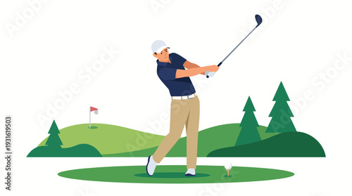 Golfer swings club on green course with trees and flag