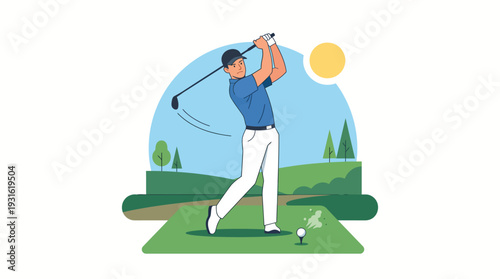 Man swings golf club on sunny golf course with green grass and trees