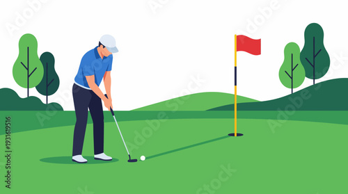 Golfer prepares to putt on green course with trees and flagstick nearby outside