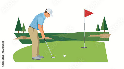 Golfer prepares to putt on green course with trees and flag