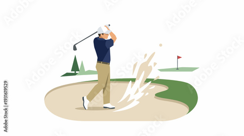 Golfer swings club in sand bunker on golf course with trees and flag.