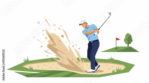 Golfer hits ball out of sand trap on golf course with flag and tree