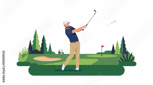 Golfer swings club on green course with trees and flag