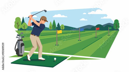 Golfer swings club on driving range with flags and bag nearby outdoors