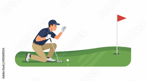 Golfer prepares to putt on green course with flagstick and ball nearby outdoors
