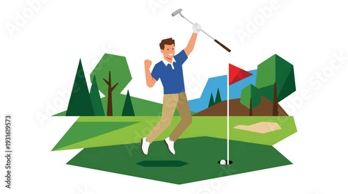 Man celebrates golf victory on green course with trees mountains