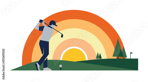 Golfer swings club at sunrise on golf course with trees and sunset