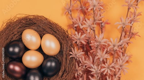 Colorful Eggs in a Nest Next to Pink Flowers on a Yellow Background