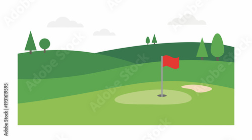 Golfers play on a green course with a red flag and sand trap outdoors.