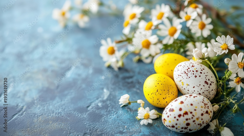 Obraz premium Colorful Eggs and Flowers on a Blue Surface for a Spring Celebration