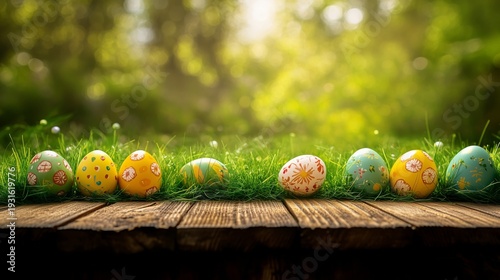 Colorful Easter Eggs Arranged on Grass Under Soft Sunlight in a Garden During...