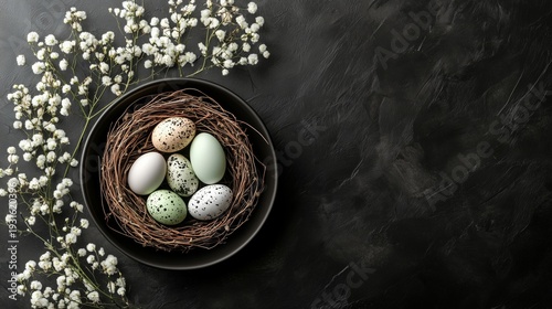 Decorative Nest With Eggs Placed on a Dark Surface With White Flowers Nearby