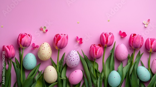 Colorful Flowers and Eggs Create a Festive Scene for Spring Celebrations