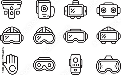 Collection of 12 minimalist line art icons featuring various virtual reality headsets, smart goggles, motion controllers, and futuristic tech gadgets.