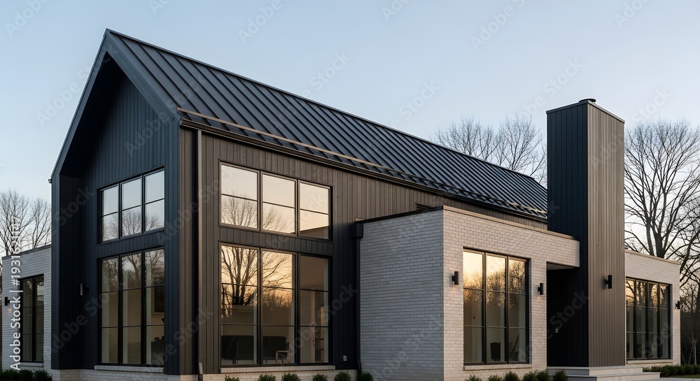 Fototapeta premium Sleek Contemporary Residence Featuring Expansive Windows and a Distinctive Gable Roof Design