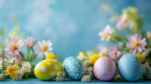 Decorative Easter Eggs Placed Among Flowers and Soft Background in Spring Season