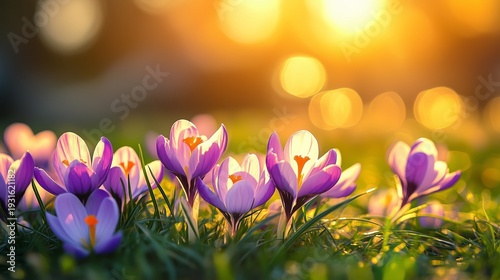 Purple Flowers Bloom in a Field During Sunset With Warm Light Shining Through