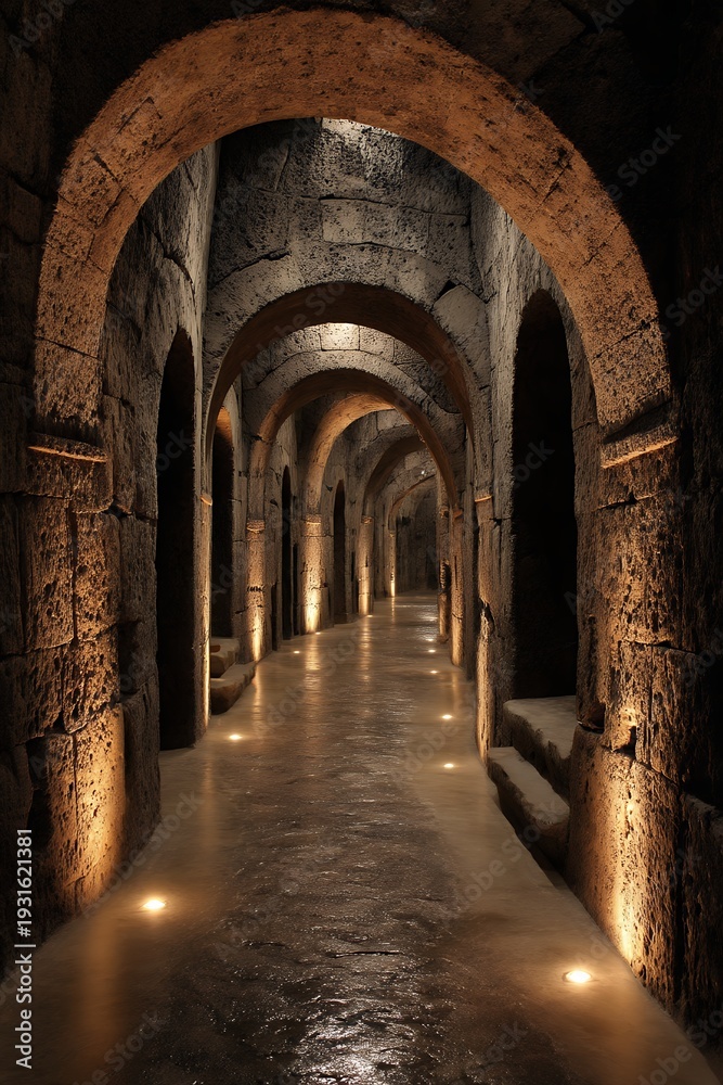 Fototapeta premium stone archway corridor with dim lighting
