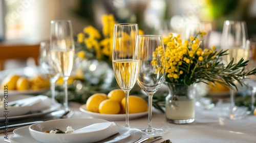 Table Set for a Gathering With Drinks, Lemons, and Flowers During a Sunny Day
