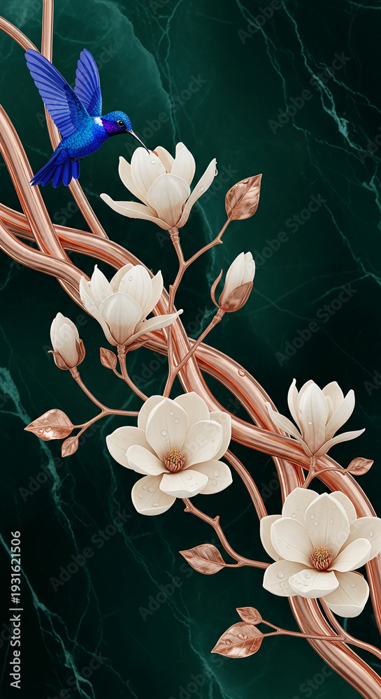 Fototapeta premium Blue hummingbird near white magnolia blossom with rose-gold branch on dark-green marble background, representing nature's harmony and elegant aesthetic