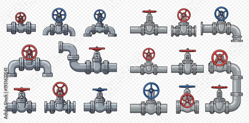 Set of industrial pipe valves with red and blue handles, plumbing pipeline elements for water and gas systems.