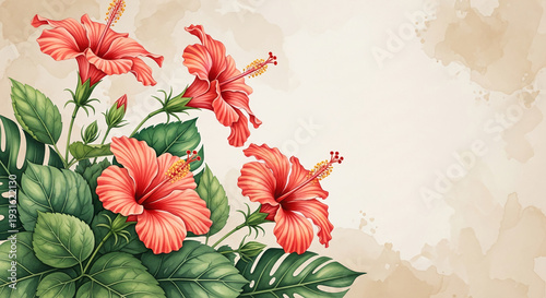 Watercolor illustration of hibiscus flowers and foliage against a neutral backdrop, representing tropical beauty, nature, and a relaxing ambiance