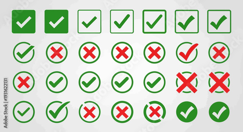 Green checkmarks and red crosses icons.