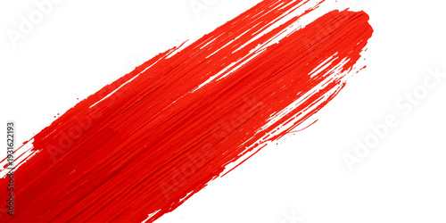 A vibrant red paint brush creates textured grunge strokes and artistic patterns on paper with a colorful design that resembles a bold line of wire or cable