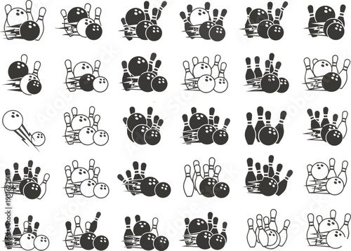 Bowling sport icon collection in black and white silhouette style, bowling pins and ball strike symbols isolated vector set for game and recreation design