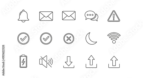 Collection of various line icons and symbols for user interface design.