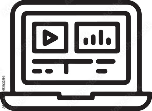 A simple line drawing of a laptop displaying a video player interface with play button and sound wave.