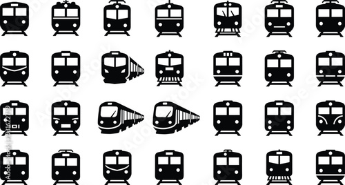 Train and railway transport icon collection in black silhouette style, metro, subway and locomotive symbols isolated vector set for transportation design
