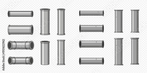 Set of metal pipes for water, gas, and sewage systems, industrial pipeline elements, plumbing connections.