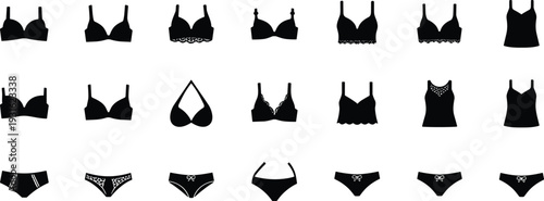 Women lingerie and underwear icon set in black silhouette style, bra and panties collection isolated vector illustration for fashion retail and apparel design