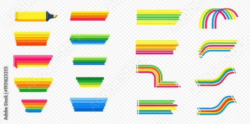 Colorful highlighter marker lines and strokes set for text highlighting.