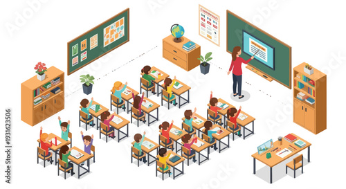 classroom with students and teacher, school education concept