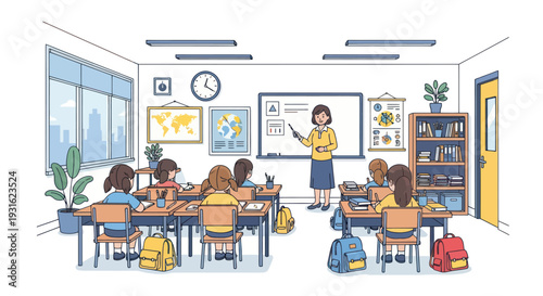 teacher writing on whiteboard in classroom with students