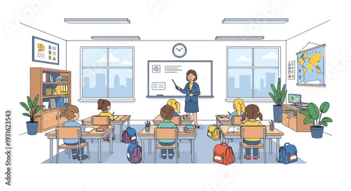 happy students in classroom with teacher writing on whiteboard