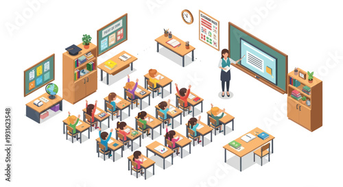 isometric classroom with students and teacher