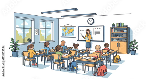 kids in classroom, teacher teaching, school scene