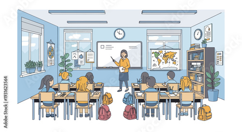 teacher writing on whiteboard in classroom with students